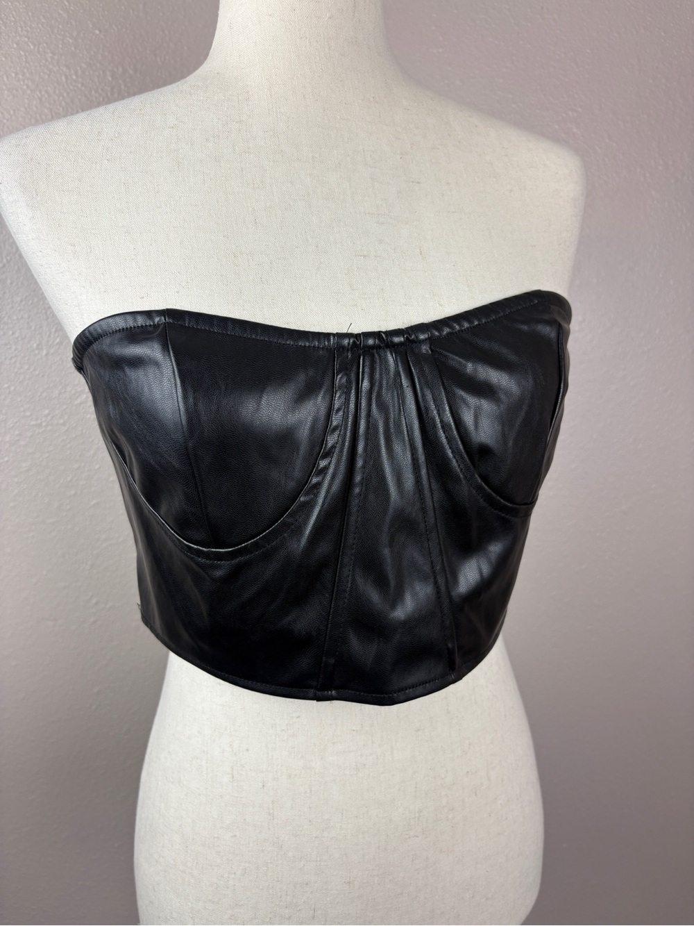 PrettyLittleThing black faux leather strapless corset top